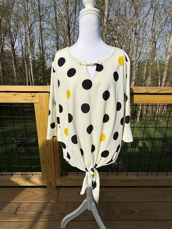 C Est. 1946 Tops - Ivory Polka Dot Tie-Front Blouse with Black & Yellow Dots